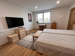 a bedroom with a bed and a flat screen tv at Neris apartments in Šiauliai