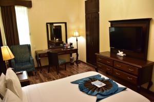 Habitación de hotel con cama, TV y escritorio. en Hotel Morales Historical & Colonial Downtown Core en Guadalajara