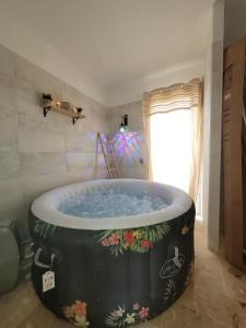 a bathroom with a large tub with flowers on it at Villa 6 couchages spa privatif, accès direct mer, piscine in Le Barcarès