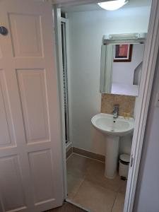 a bathroom with a white sink and a mirror at Palace Court Hotel in London