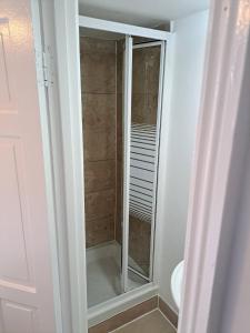 um chuveiro com uma porta de vidro na casa de banho em Palace Court Hotel em Londres