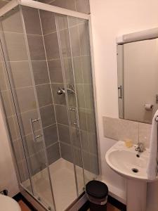 ein Bad mit einer Dusche und einem Waschbecken in der Unterkunft Palace Court Hotel in London