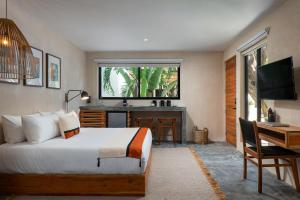 a bedroom with a bed and a desk and a television at Aalada Playa del Carmen in Playa del Carmen