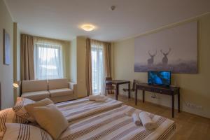 a bedroom with a bed and a couch and a television at Euphoria Club and Resort Rental in Bŭrduche