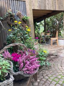 a garden with flowers in a basket on a patio at Gut Kalkhäuschen, ein Ort mit Geschichte in Aachen
