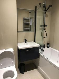 a bathroom with a toilet and a sink and a shower at Elegant 3bed Crouchend in style with roof terrace in London