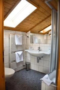 a bathroom with a sink and a toilet and a skylight at Hotel Bergwiesen in Lohr am Main