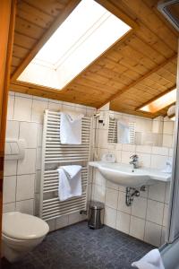een badkamer met een wastafel, een toilet en een dakraam bij Hotel Bergwiesen in Lohr
