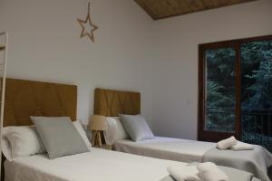 1 dormitorio con 2 camas y ventana en Apartamentos CAN GUSI, en Ribes de Freser