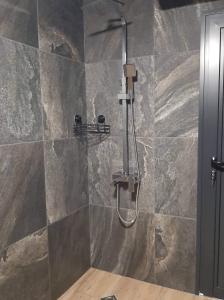 a shower in a bathroom with a stone wall at Вила Bora Vista 2 in Tsigov Chark +19 photos