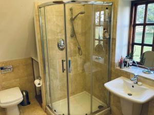 a bathroom with a shower and a toilet and a sink at 2 Beds & living in our idyllic country Cottage in Bedford