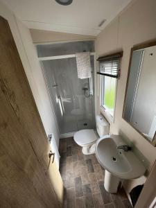 y baño con lavabo, aseo y ducha. en Newquay Bay Resort - Summer Days 135, en Newquay Bay Resort