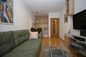 a living room with a green couch and a television at Studio apartment Art Zone in Podgorica