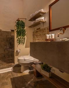 a bathroom with a toilet and a sink and a mirror at Casa BuGo in Cartagena de Indias