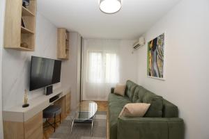 a living room with a green couch and a television at Studio apartment Art Zone in Podgorica