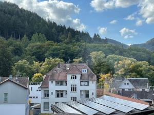 a group of white buildings in front of a mountain at Black Forest Apartment in Baden-Baden