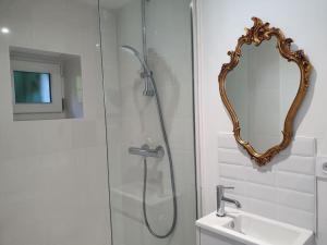 a bathroom with a shower with a mirror and a sink at Pavillon d'Aÿ cottage Champagne - Label Green Key - Epernay, Aÿ in Ay