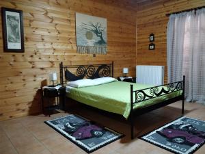 1 dormitorio con 1 cama y 2 alfombras en Xylino Chalet, en Kalavrita