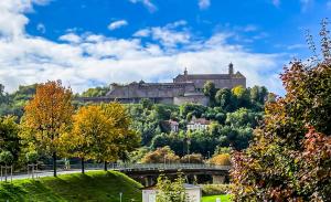 a castle on top of a hill with trees at Super Lodge Kulmbach in Kulmbach
