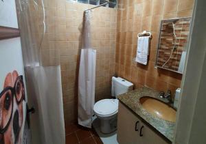 ein Bad mit einem WC, einem Waschbecken und einer Dusche in der Unterkunft Hostel Airport Rooms in São Paulo