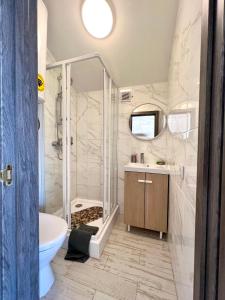 ein Bad mit einer Dusche, einem WC und einem Waschbecken in der Unterkunft Treeskit House in Horenka
