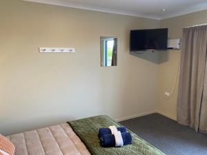 a bedroom with a bed and a tv on the wall at Hokitika Holiday Park in Hokitika +41 photos