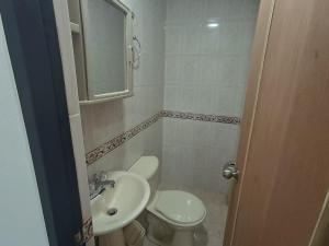 een kleine badkamer met een wastafel en een toilet bij Hermoso apartamento al norte de Armenia in Armenia