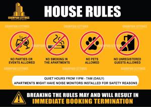 a sign that reads house rules andwarning signs at Riverside Lodge - Grampian Lettings Ltd in Aberdeen