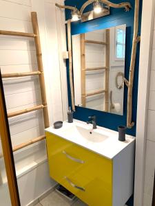 a bathroom with a sink and a mirror at LODGE PAMPLEMOUSSE avec PISCINE privative , dans parc calme à 500 m plage in Le Carbet