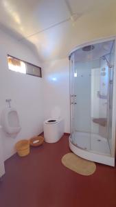 a bathroom with a shower and a toilet in it at Uros Utasa Lodge in Puno