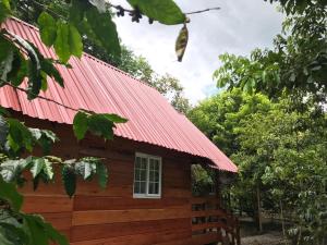 a small wooden cabin with a red roof at Hospedaje En El Lago… 