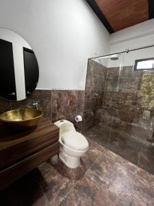 a bathroom with a toilet and a sink and a shower at EL MILAGRO FINCA VACACIONAL in San Rafael +12 photos