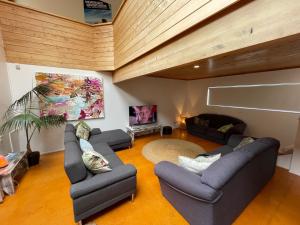 a living room with two couches and a tv at Peppertree Lodge & Backpackers in Paihia