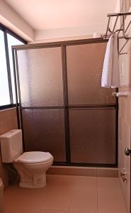 a bathroom with a toilet and a shower at Elegance Hotel in La Paz