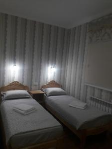 two twin beds in a room with striped walls at Hotel Allanazar Ota in Khiva