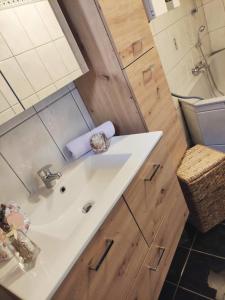 a bathroom with a white sink and wooden walls at Appartement Ferienhaus Sonnenhain in Sollenau