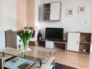 a living room with a television and a vase of flowers at Appartement Ferienhaus Sonnenhain in Sollenau