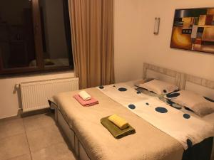 sypialnia z 2 łóżkami i ręcznikami w obiekcie Aparthotel Family w mieście Ureki