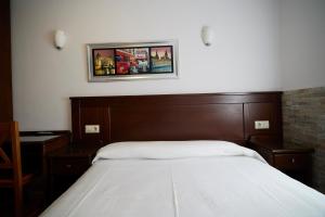 アビレスにあるPensión Serafínのベッドルーム1室(ベッド1台付)が備わります。壁に絵が飾られています。