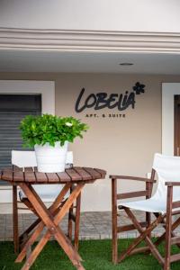 a table with two chairs and a potted plant on it at Lobelia Nafplio Apartments in Nafplio