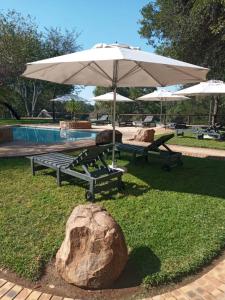 a picnic table with an umbrella next to a rock at Kwadiwa Ranch in Baines Drift