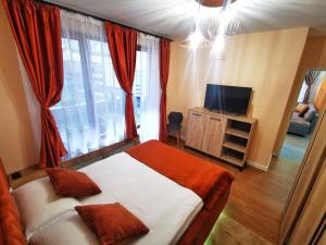 Schlafzimmer mit einem Bett, einem TV und einem Fenster in der Unterkunft Sirius Confort Kalinderu in Buşteni