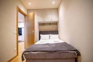 una piccola camera da letto con un letto in una stanza di Apartman Oaza Kalman SPA-GYM a Zlatibor