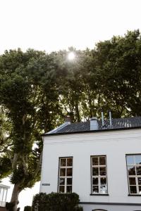 a white house with a tree behind it at Hotel Restaurant Belv&eacute;d&egrave;re in Schoonhoven