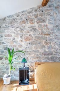 Habitación con pared de piedra, lámpara y planta en Singulary House-Loft with AC Downtown - Dodo et Tartine, en Hyères