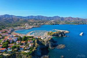 una vista aerea di una piccola città sull'acqua di Encantador Apartamento familiar 4 px con Terraza, Parking y Wi-fi en Llançà a Llança