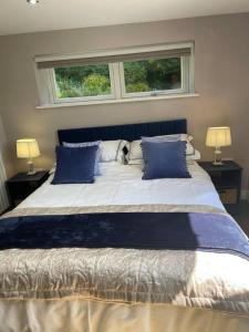 a large bed with blue pillows and two windows at Immaculate 1-Bed Studio with outside patio in Brighouse