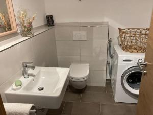 a bathroom with a sink and a washing machine at Apartment Luise - direkt an der Skipiste - mit Sauna in Feldberg