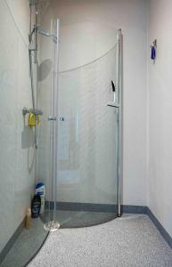 a shower with a glass door in a bathroom at Marna Guesthouse doubleroom nr.2 in Tórshavn