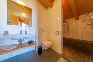 a bathroom with a sink and a toilet and a shower at Ciel Etoilé - Magnifique Chalet, 14 personnes - vue incroyable in Nendaz